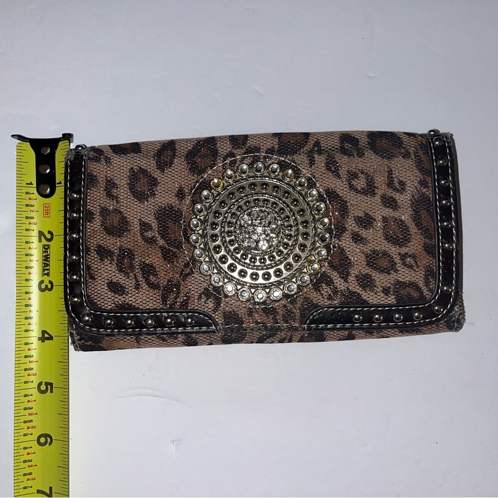 Leopard Print Rhinestone Medallion Women's Wallet - Brown - Picture 6 of 7